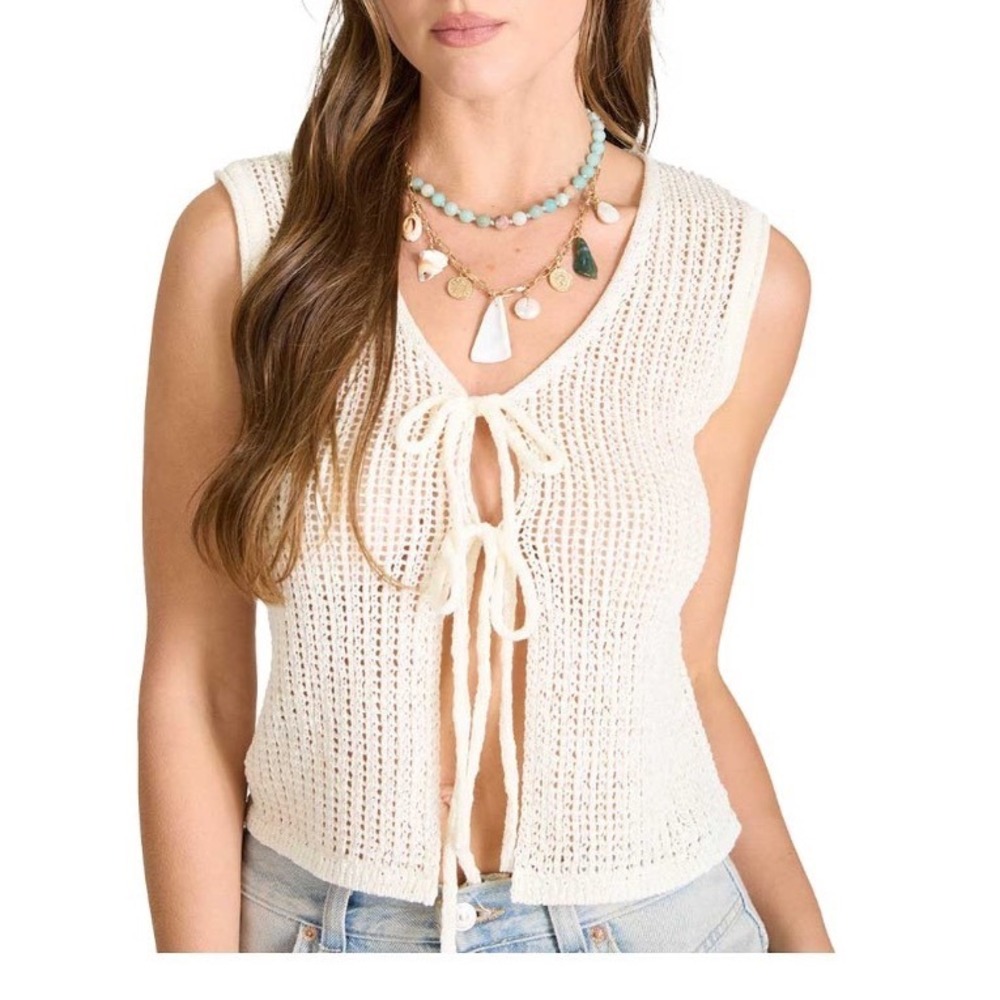 Blu Pepper Sheer Front Tie Knit Vest Women Small Cream New With Tags